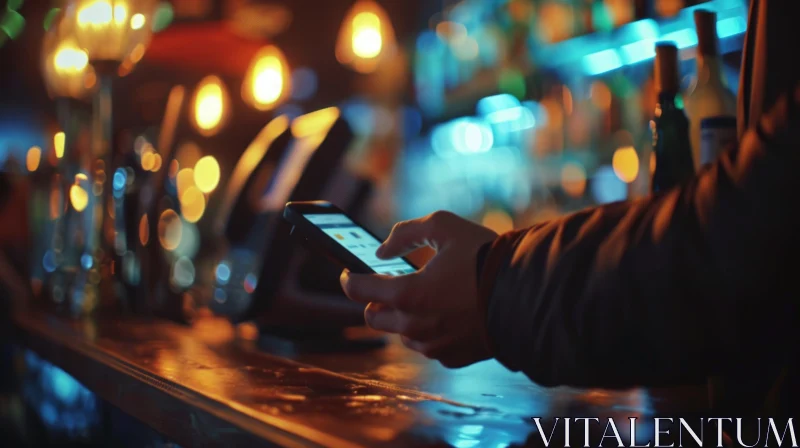 Close-up of Hand Holding Smartphone at Bar Counter AI Image