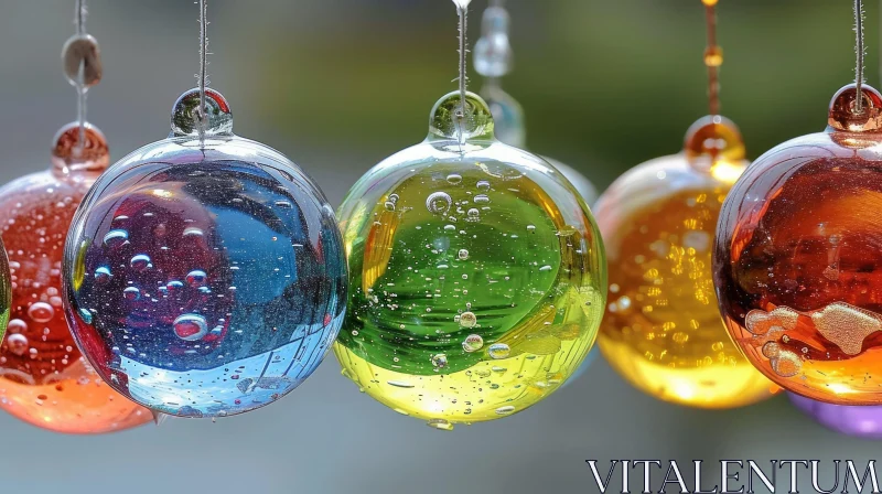 Close-up of Hanging Glass Balls in Various Colors AI Image