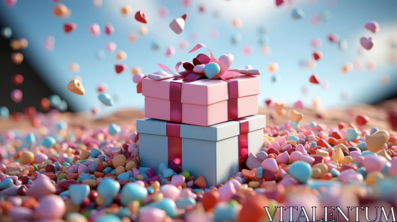 Colorful 3D Gift Boxes on Pebbles AI Image