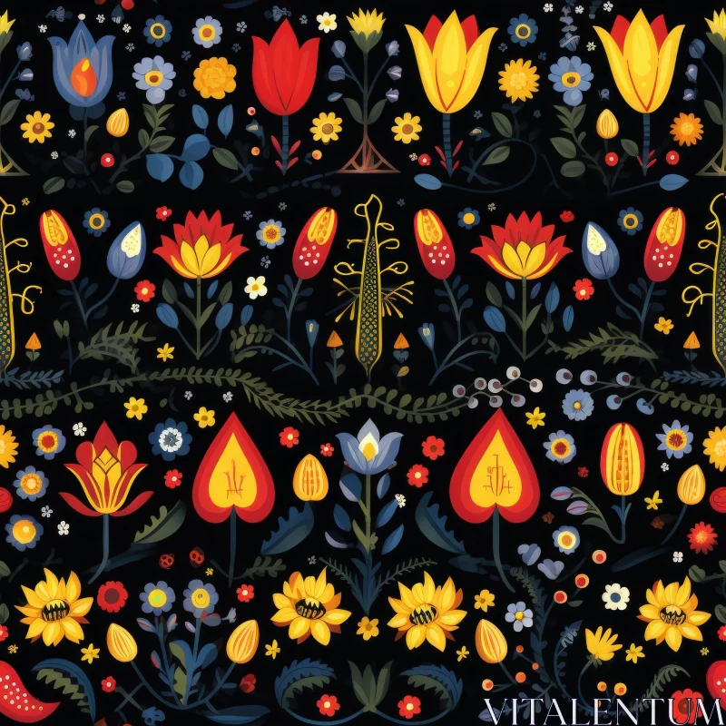 Colorful Floral Pattern on Black Background AI Image