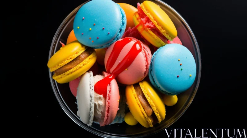 Colorful Macarons in Glass Bowl AI Image