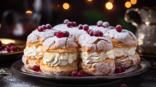 Delicious Cream Puffs with Sugared Cranberries on Brown Plate