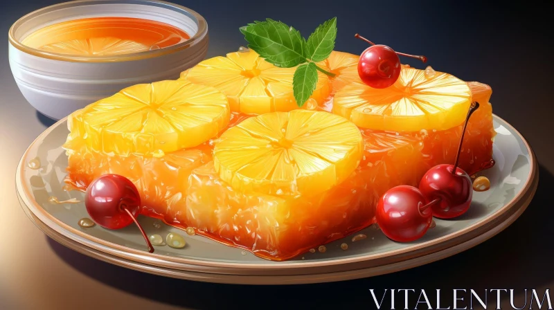 Delicious Pineapple Upside-Down Cake on Brown Plate AI Image