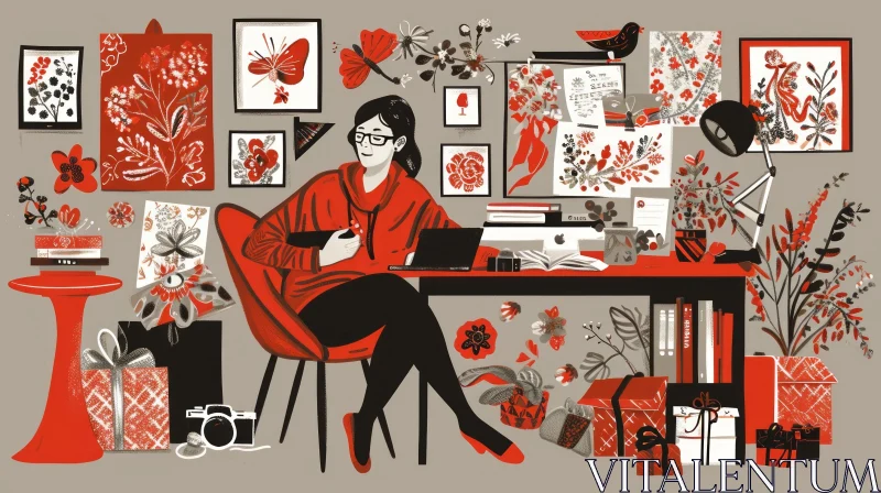 Digital Illustration of a Woman Working at a Desk | Modern Minimalist Art AI Image