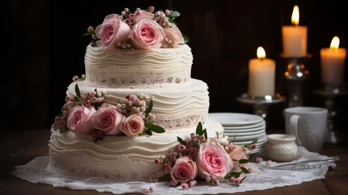 Elegant Three-Tiered Wedding Cake with Pink Roses and Green Leaves
