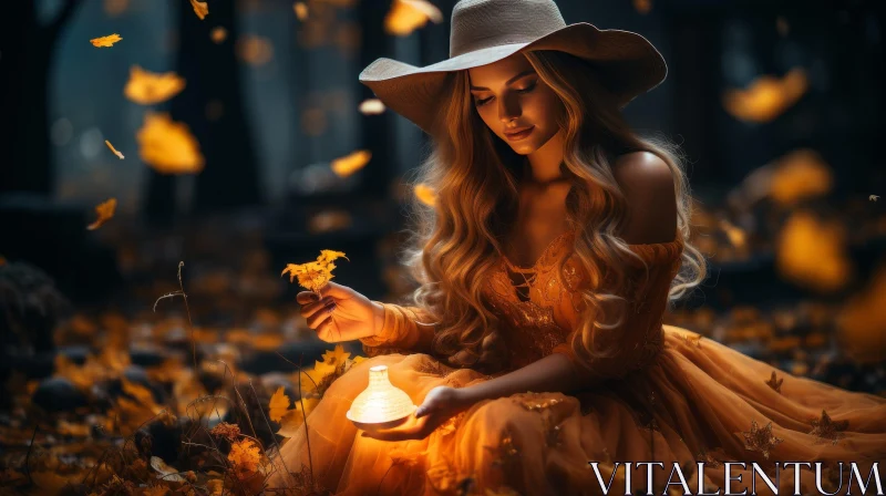 Enchanting Woman in Golden Dress Amidst Forest AI Image
