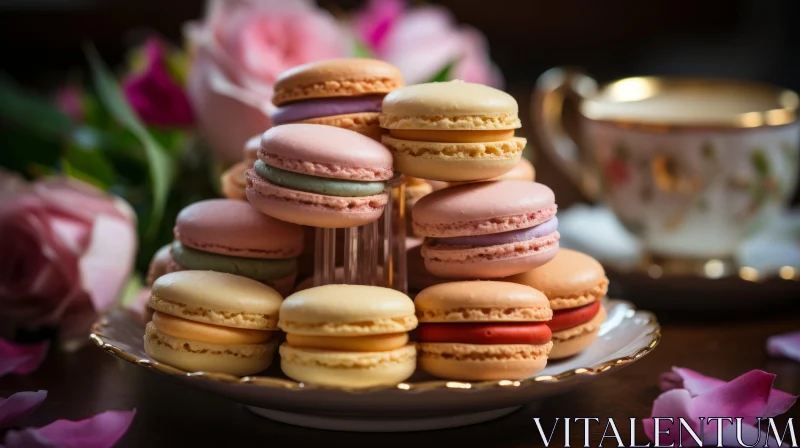 Exquisite Array of Colorful Macarons with Tea AI Image