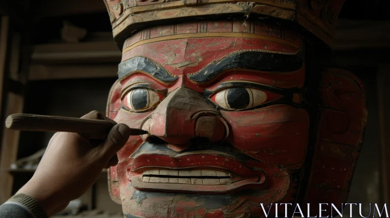 Intricate Wooden Mask Carving by Skilled Craftsman AI Image