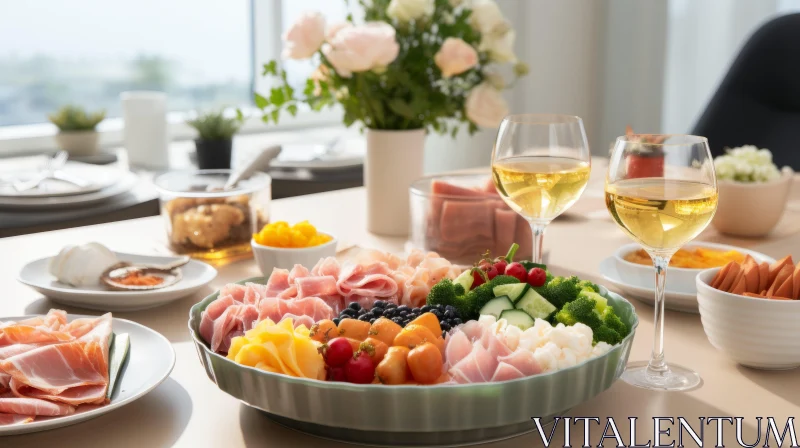 Luminous Warmcore Fruit Salad with Ham and Cheese in White Wine Glasses AI Image