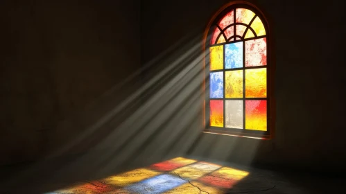 Mysterious Stained Glass Window in Dimly Lit Room