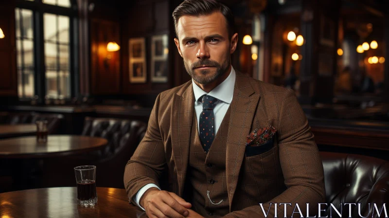 Serious Man in Brown Suit at Bar with Whiskey AI Image