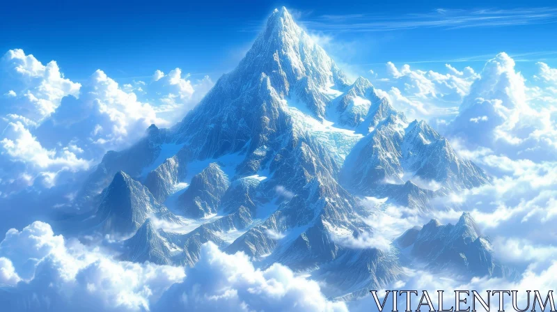 Snow-Capped Mountain Peak Above Clouds AI Image