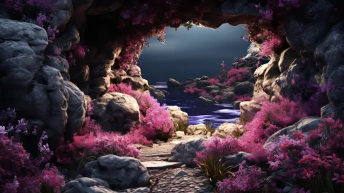 Surreal Cave Scene Adorned with Pink Flowers: A Nature-Inspired Utopia