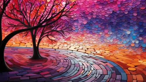 Tranquil Landscape Painting with Tree and Mosaic Tiles