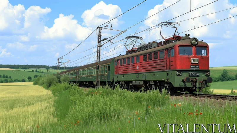 Tranquil Red and Green Electric Train in Rural Landscape AI Image