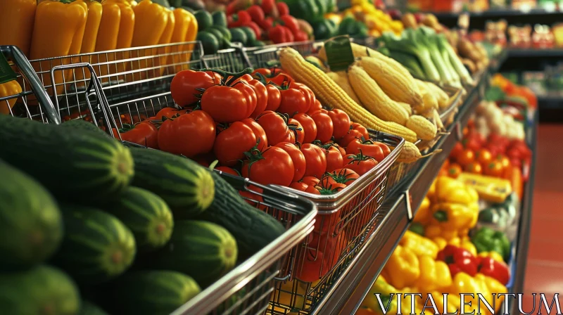 Vibrant Grocery Store Produce Section with Tomatoes, Corn, Cucumbers, and Peppers AI Image