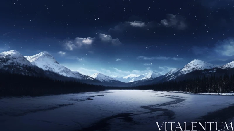 AI ART Winter Landscape: Snow-Capped Mountains and Frozen River