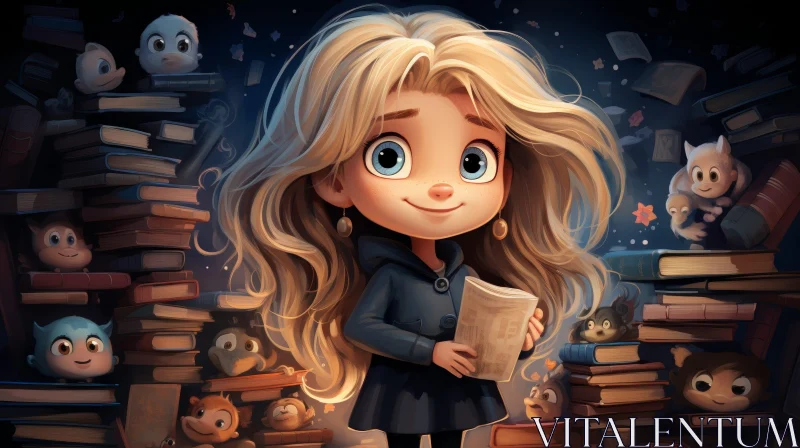 Young Girl in Library with Animals - Digital Painting AI Image