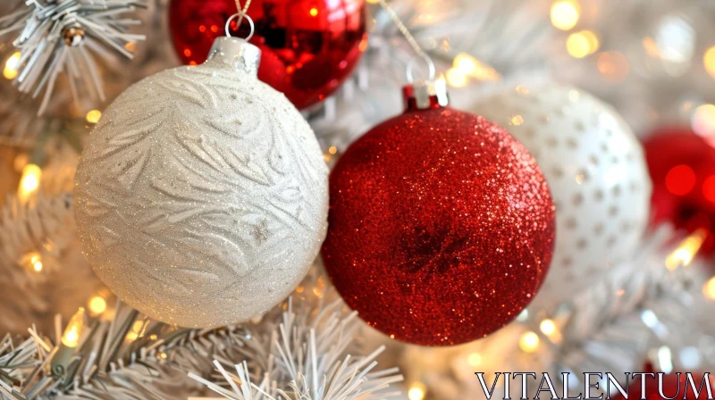 Captivating Christmas Tree Decoration: Red and White Glass Ornaments AI Image