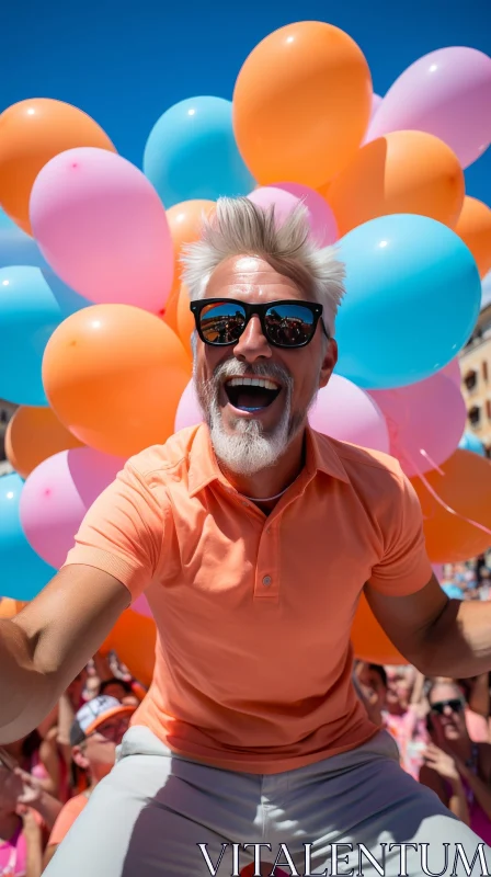 Cheerful Middle-Aged Man with Colorful Balloons AI Image