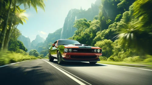 Classic Muscle Car Driving Through Lush Green Forest