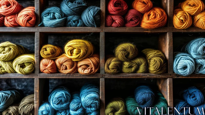 Colorful Yarn Balls on Wooden Shelf: A Captivating Still-Life Composition AI Image
