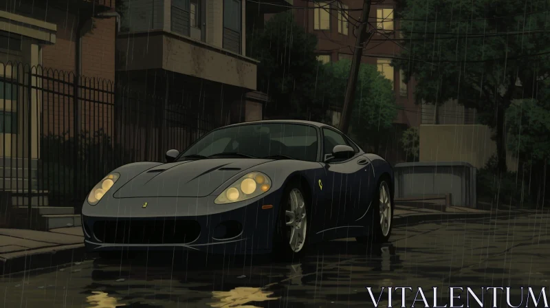 Dark Blue Ferrari 599 GTB Fiorano on Rainy Street AI Image