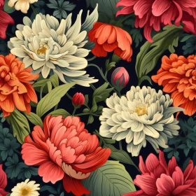 Dark Floral Pattern - Colorful Flowers & Green Leaves