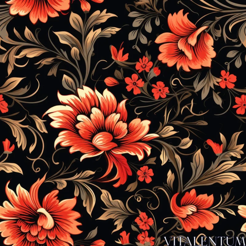 Dark Floral Seamless Pattern - Red Flowers and Green Leaves AI Image