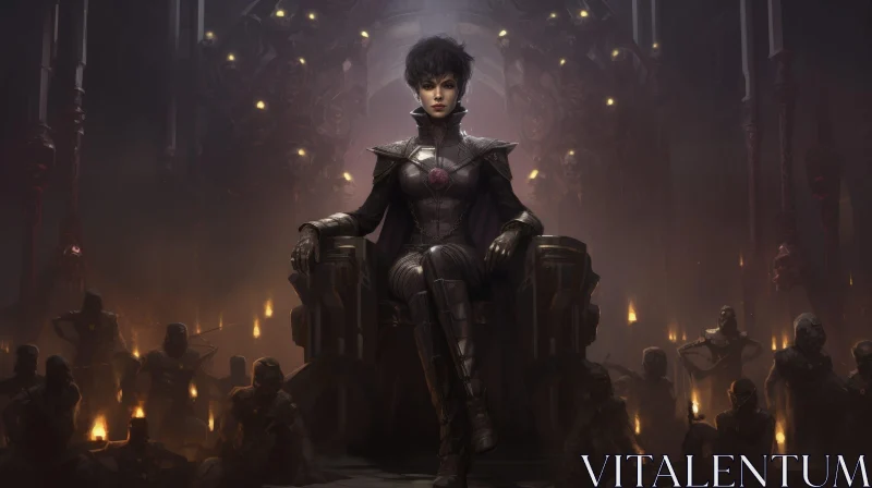 Dark Moody Woman Portrait on Throne with Skulls and Candles AI Image