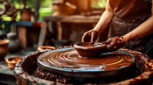 Delicate Craftsmanship: Potter Shaping a Clay Bowl on a Potter's Wheel