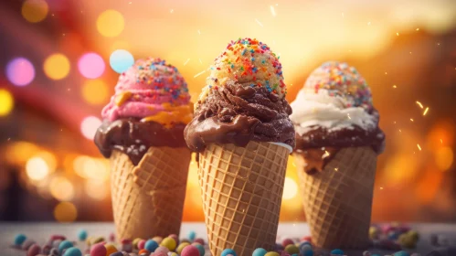 Delicious Ice Cream Cones with Colorful Toppings