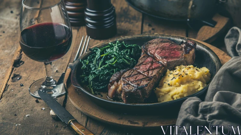 Delicious Steak with Spinach and Mashed Potatoes on Wooden Table AI Image