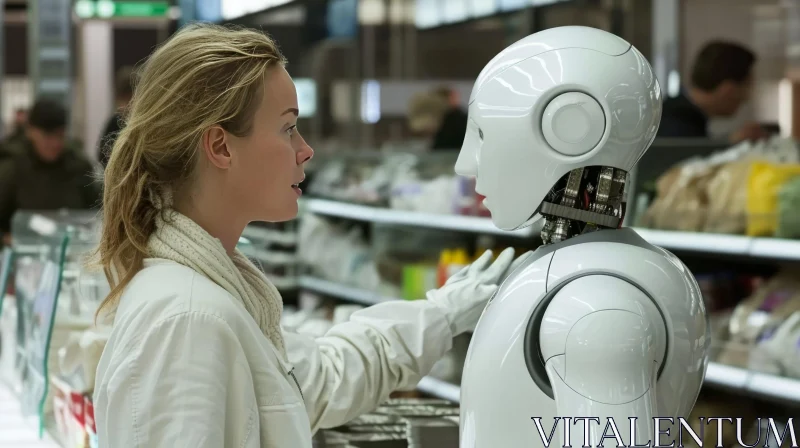 Enchanting Encounter in a Grocery Store: Woman and Robot AI Image