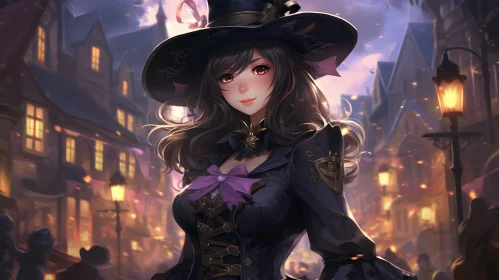 Enchanting Witch Illustration in a Dark Street