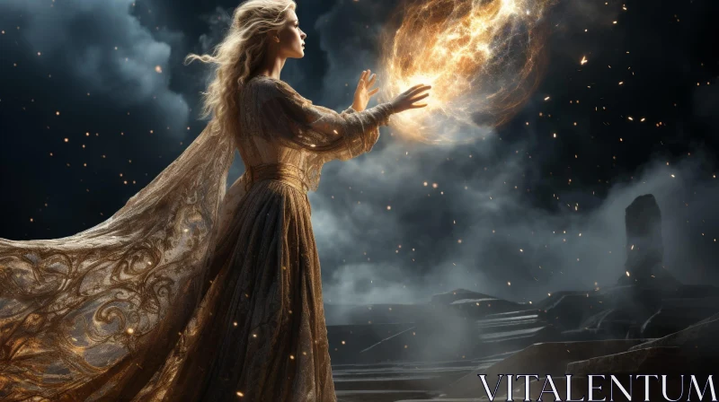 Enchanting Woman with Fireball on Stone Platform AI Image
