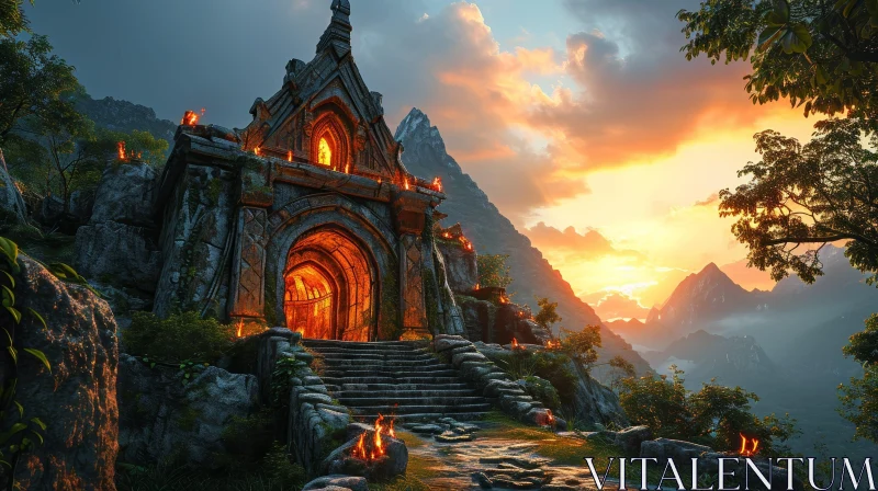 Enigmatic Temple Landscape in the Majestic Mountains AI Image