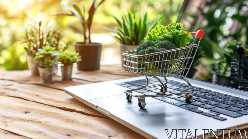 Fresh Organic Vegetables in Shopping Cart on Laptop Keyboard AI Image