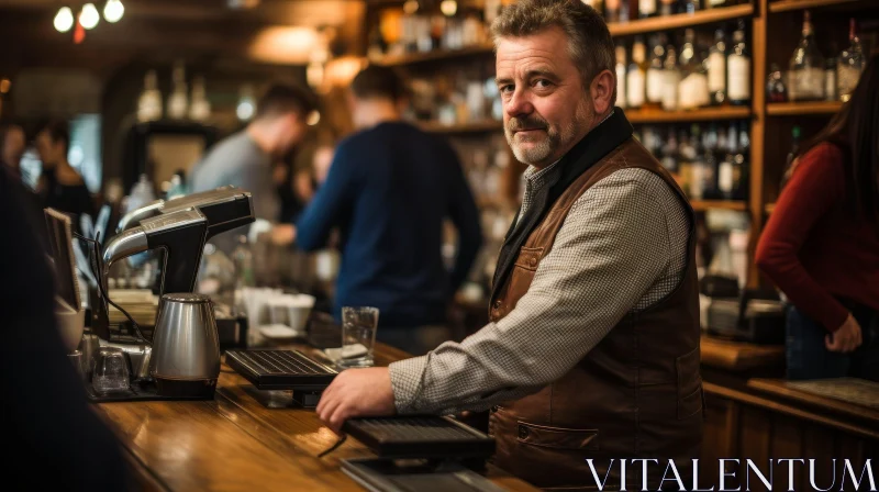 Friendly Bartender at Wooden Bar with Customers AI Image