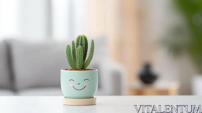 Green Cactus in Smiling Pot - Modern Living Room Decor AI Image