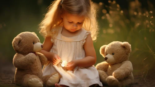 Innocent Joy: Little Girl with Teddy Bears in Field
