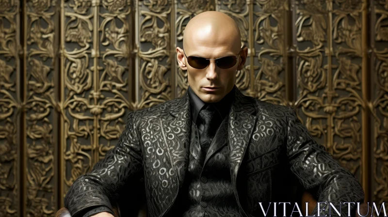 Mysterious Bald Man in Black Suit and Sunglasses AI Image