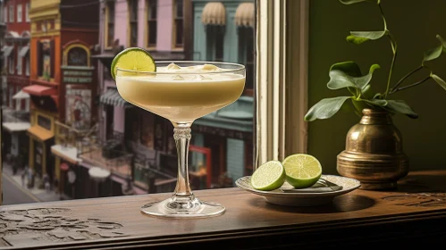 Refreshing Cocktail with Lime on Wooden Table