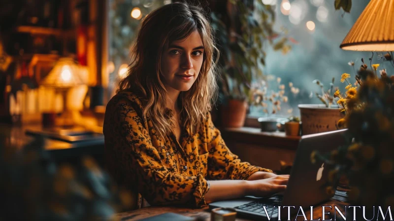 Serene Woman at Desk by Window with Floral Blouse AI Image