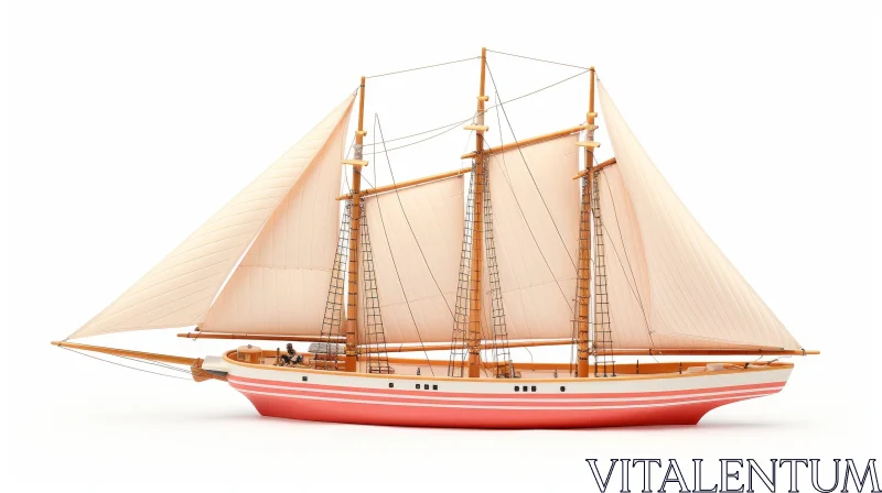 Three-Masted Schooner Model in Red and White AI Image
