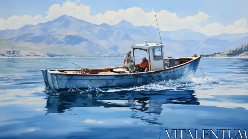 Tranquil Lake Scene with Men in Boat and Mountains AI Image