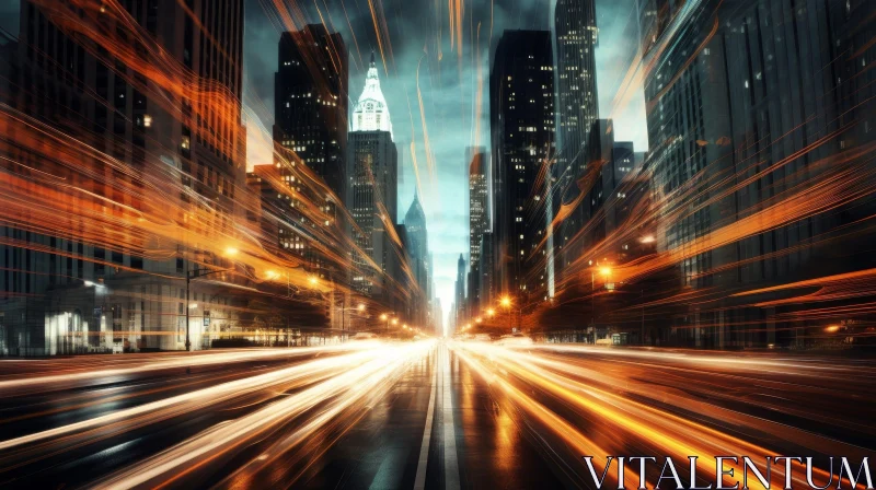 Urban Cityscape with Streaked Streetlights AI Image