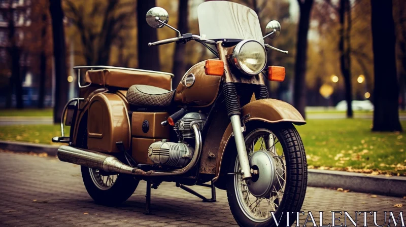 Vintage Brown Motorcycle on Cobblestone Street AI Image