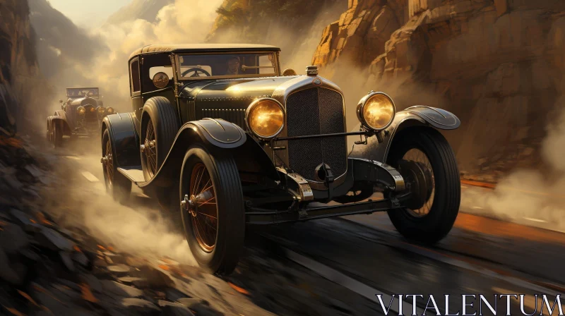 Vintage Car Speeding on Mountain Road - Action Scene AI Image