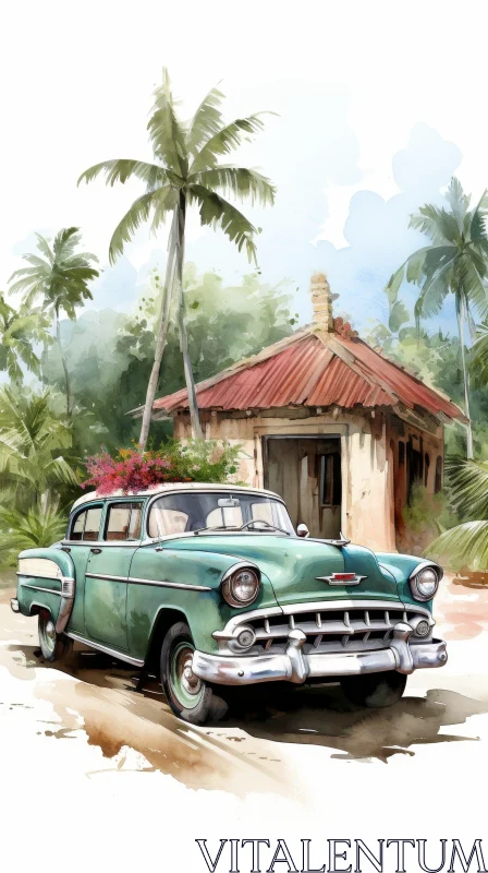 Vintage Watercolor Painting of Chevrolet Bel Air and House AI Image
